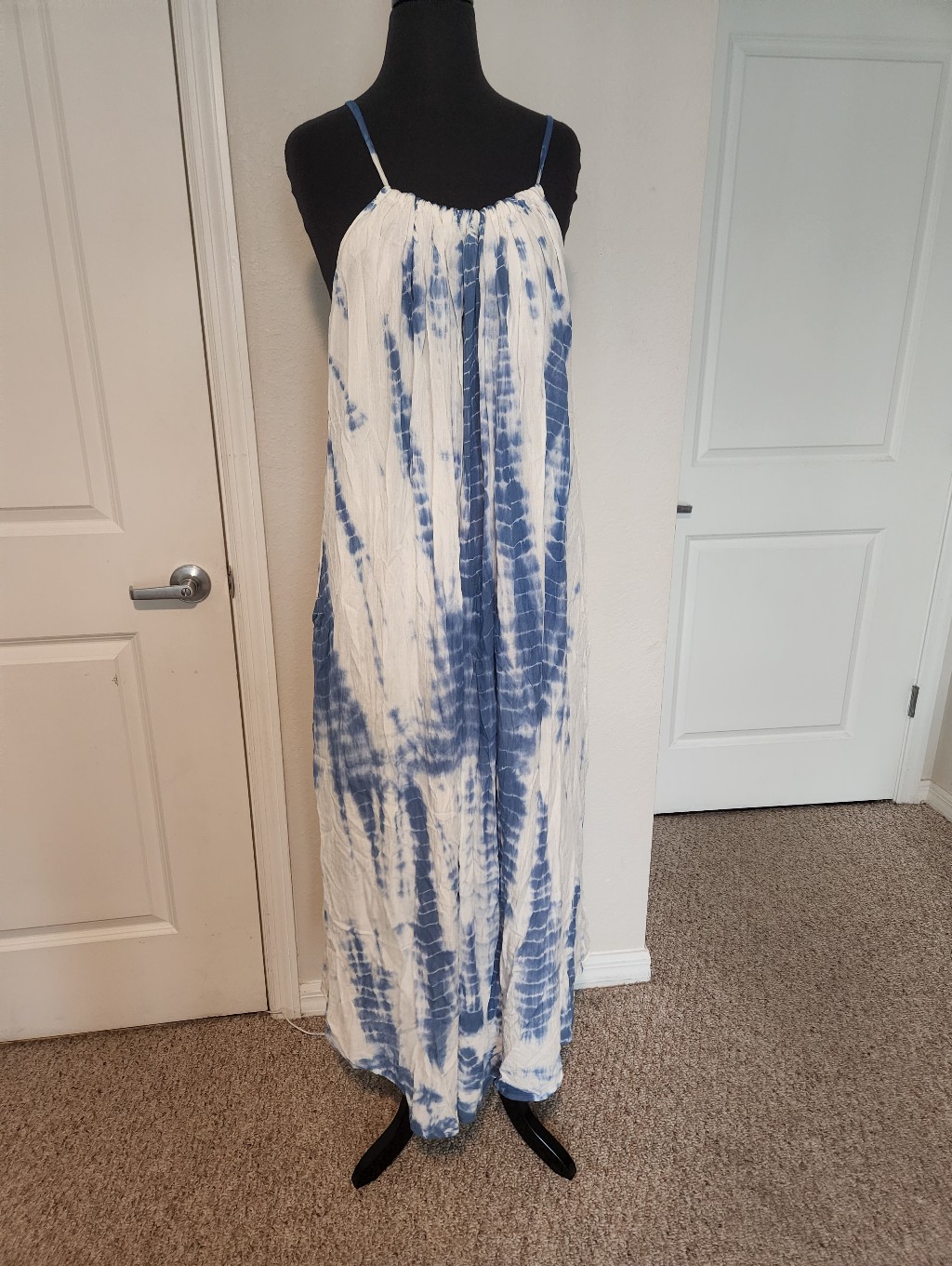 Blue & White Tie-Dye Spaghetti Strap Maxi Dress